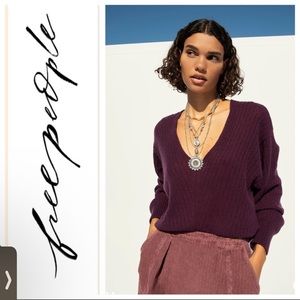 Free People Elias Ribbed Cashmere V Sweater: dark red/wine.